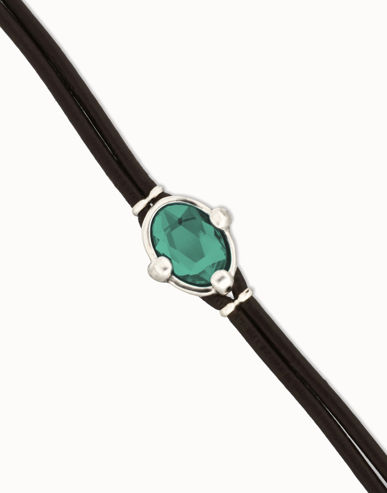 Leather bracelet with green oval faceted crystal, Silver, large thumbnail